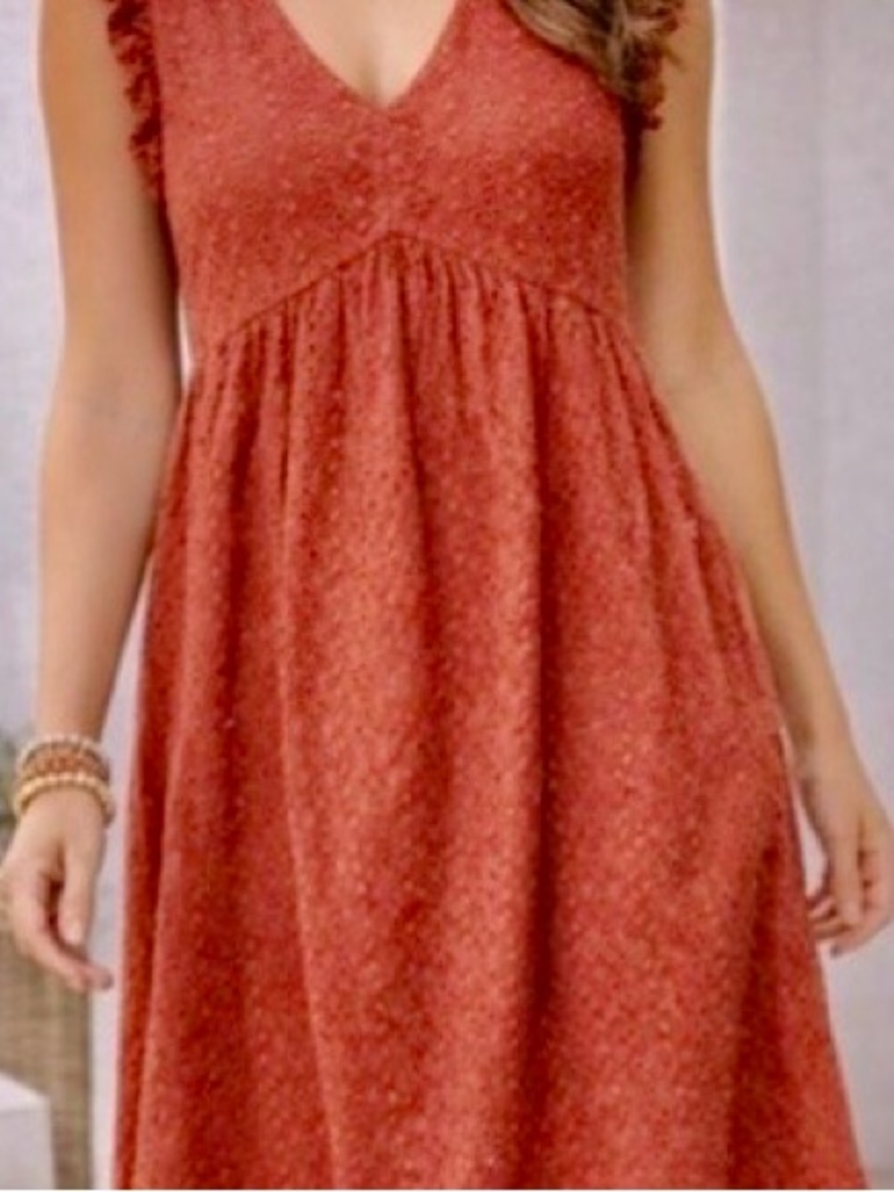 Rust Eyelet Dress Boho Babydoll Ruffle Sleeve Cottagecore Small Vacation Church
